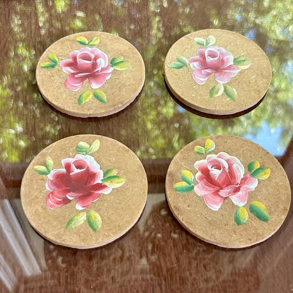Vintage Hand-Painted Rose Coasters – Set of 4 – 3.5” Diameter - Picture 1 of 8
